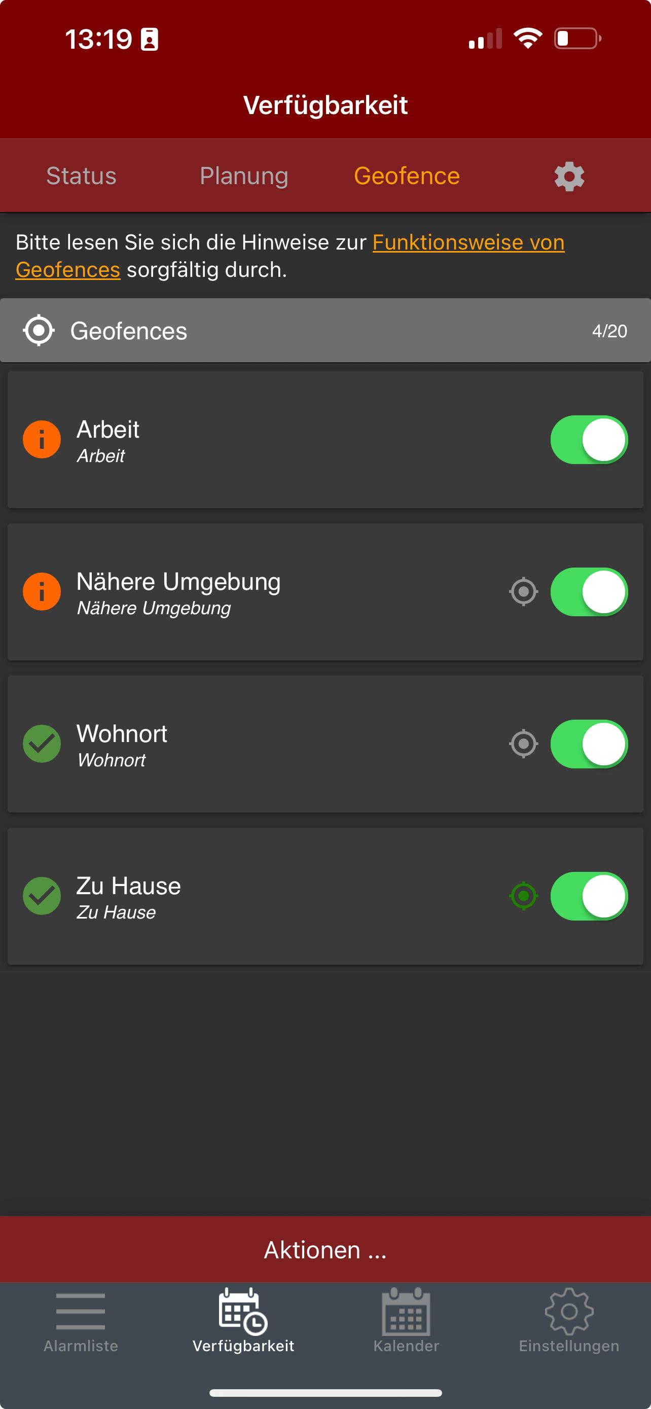aPager Pro iOS Verfügbarkeit Geofences Übersicht